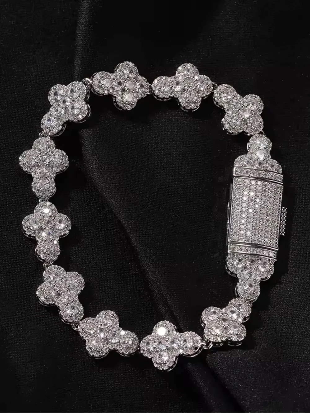 Men  Silver Crystal Cross Link Bracelet 8inch